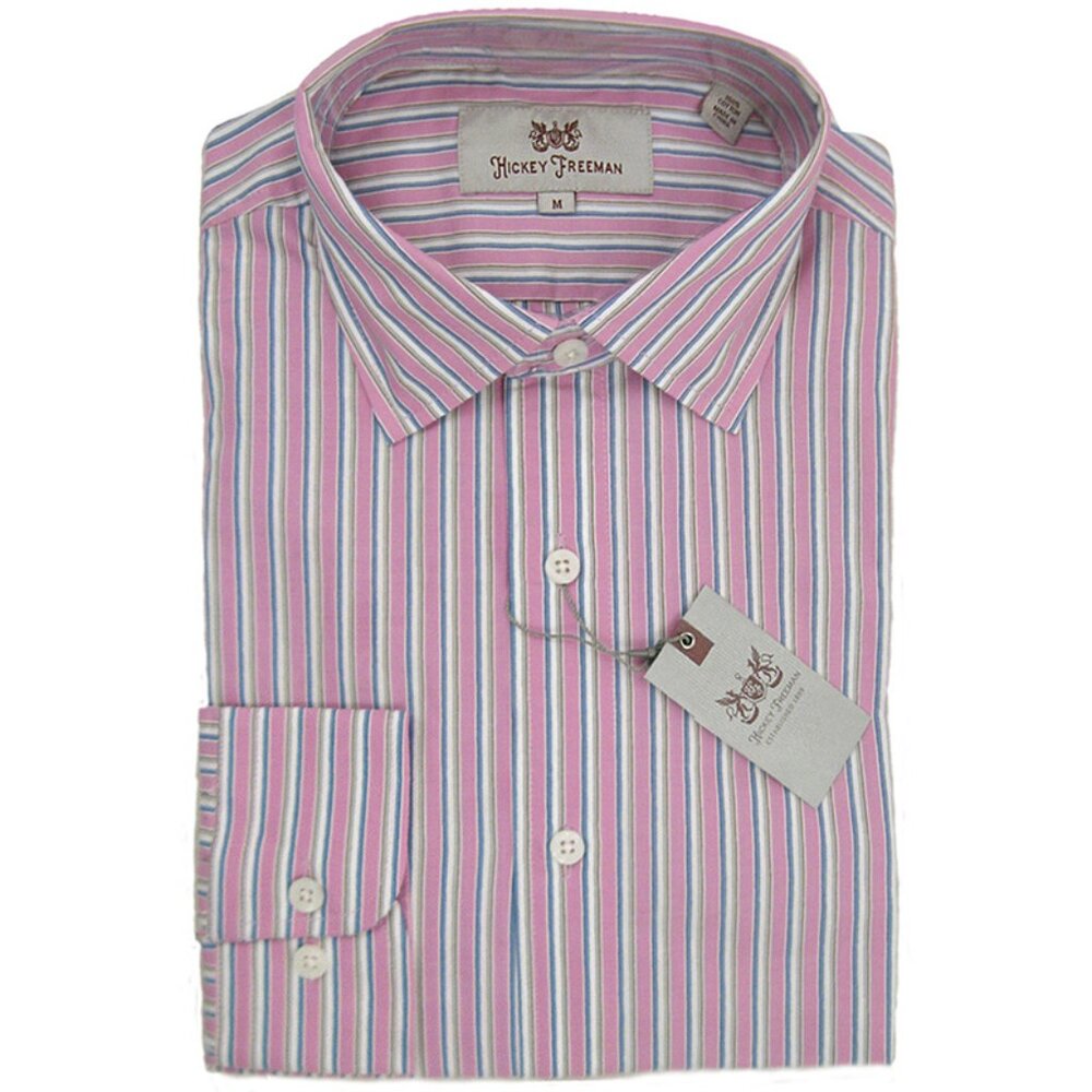 NEW! $145 Hickey Freeman Colorful Button Front Shirt! Pink with Colorful Stripes